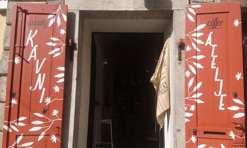 Doulbe doors to speciality coffee shop in Ljubljana, Slovenia