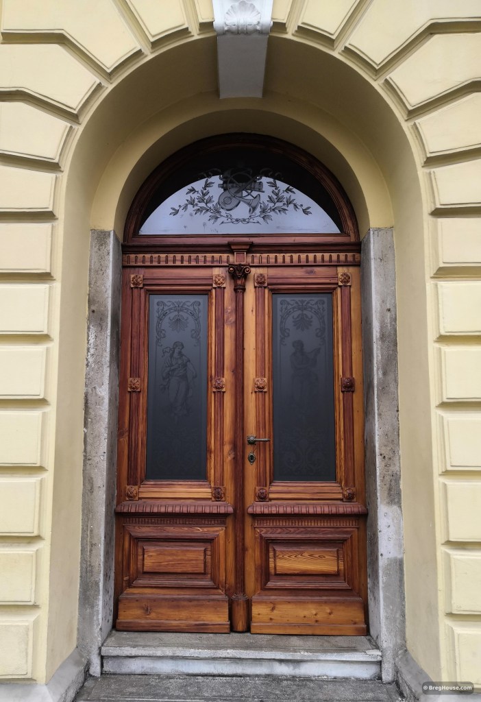 Lovely etched glass and wood door in Ljubljana, Slovenia